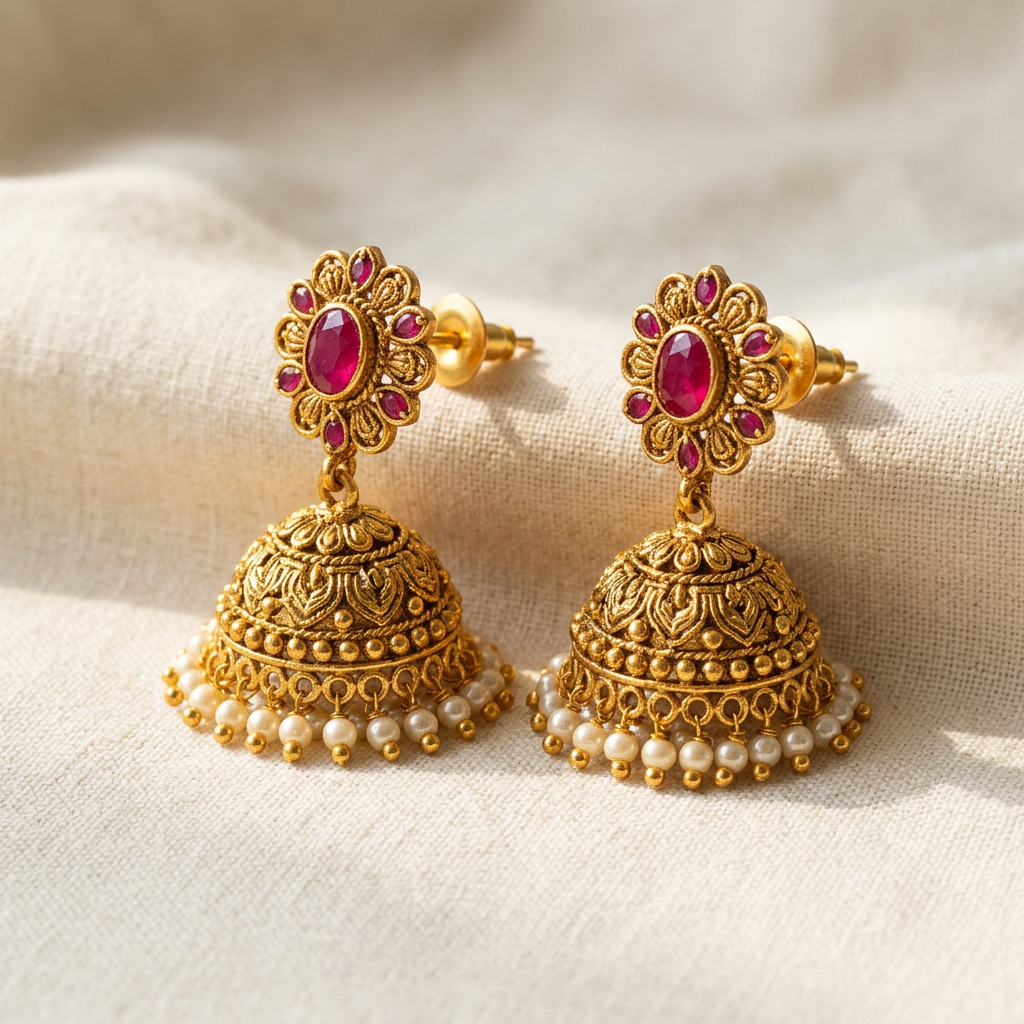 AI-generated concept of gold-tone floral jhumka earrings with red accents and ivory bead fringe